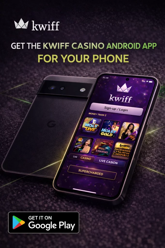 `alt="Kwiff Casino Android app banner showing an Android smartphone with the Kwiff casino interface, dark purple background, Google Play badge, and the Kwiff logo illustrating the Android app experience"`

