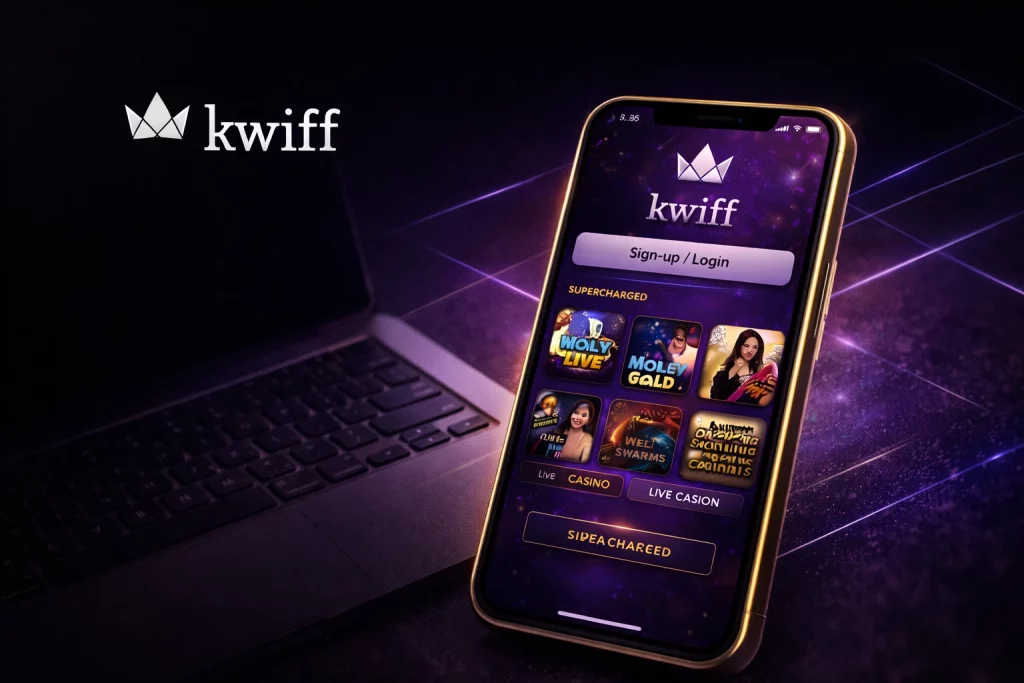 `alt="Kwiff Casino app banner showing a clean mobile interface with the Kwiff logo, dark purple background, and a modern smartphone displaying the casino app layout"`