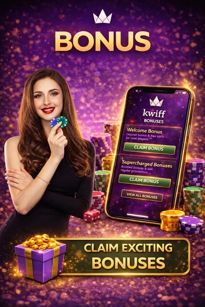 `alt="Kwiff Casino bonus banner featuring a clean purple background, Kwiff logo, a smartphone displaying bonus options, poker chips and gift box, representing available casino bonuses"`
