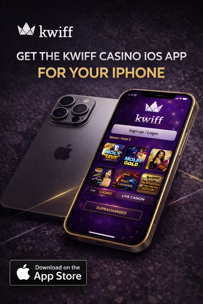 `alt="Kwiff Casino iOS app banner showing an iPhone with the Kwiff casino interface, Apple-style UI elements, dark purple background, and the Kwiff logo, illustrating the iOS app experience"`
