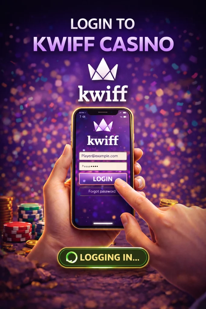 `alt="Kwiff Casino login process illustration showing a clean smartphone and desktop interface with the login screen, username and password fields, and a secure sign-in flow on a purple-themed background"`
