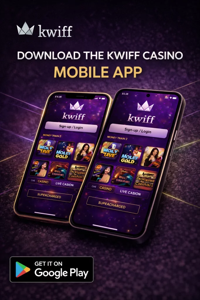`alt="Kwiff Casino mobile app banner showing two smartphones with the Kwiff app interface, dark purple background, and the Kwiff logo, illustrating the mobile casino experience on both iOS and Android devices"`
