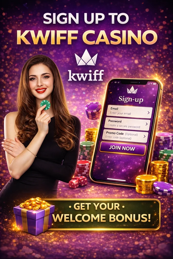 `alt="Kwiff Casino sign up banner showing a professional mobile registration screen with email, password and optional promo code fields, a secure Join Now button, and the Kwiff logo on a clean purple background"`
