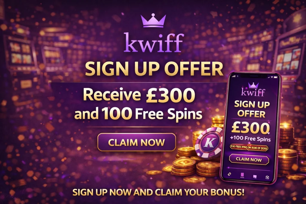 `alt="Kwiff Casino sign up offer banner with a dark professional background, Kwiff logo, and highlighted welcome offer text ‘Receive £300 and 100 Free Spins’, presented in a clean, adult, editorial-style layout"`
